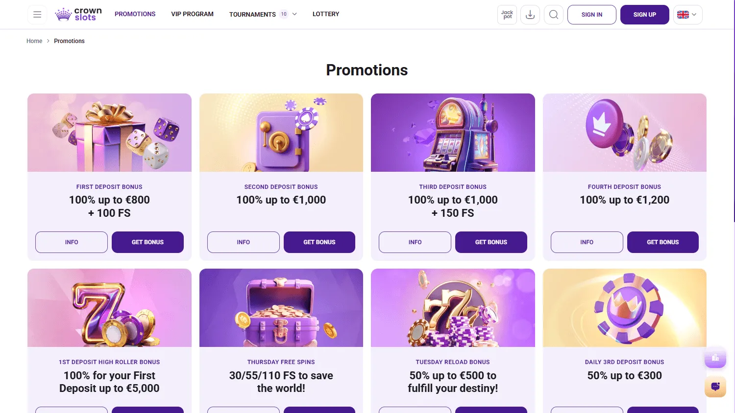 Crown Slots Casino promotions displayed on desktop
