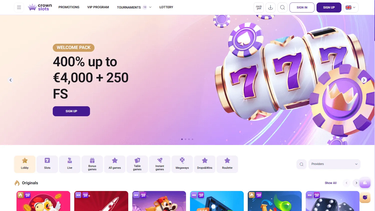 Crown Slots Casino pokies selection on desktop