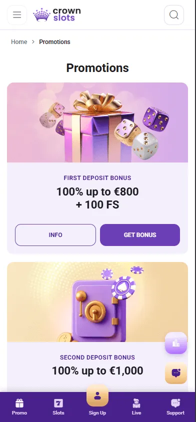 Crown Slots Casino promotions on a mobile browser